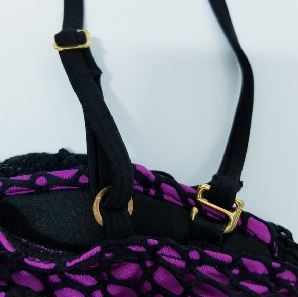 Beach Bunny Magenta & Black Fishnet Lace Corset Detail Balconette Bikini Top XS - Picture 9 of 15
